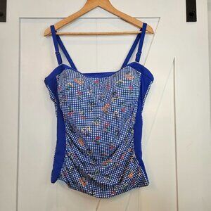 LANDS' End Size 16 Gingham Blue Check with Floral Print Tankini Top